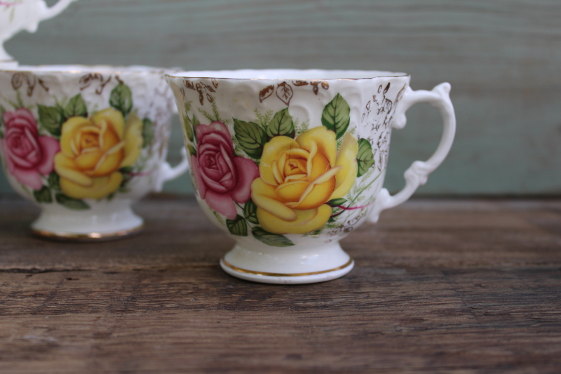 photo of set of 6 vintage Aynsley England bone china embossed tea cups, pink & yellow roses floral  #2