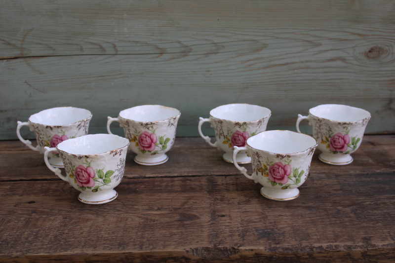 photo of set of 6 vintage Aynsley England bone china embossed tea cups, pink & yellow roses floral  #3
