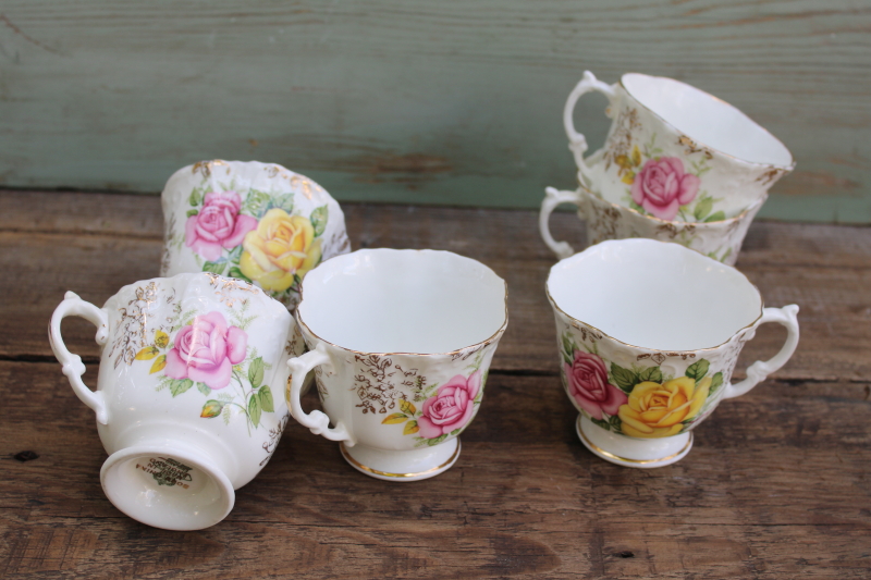 photo of set of 6 vintage Aynsley England bone china embossed tea cups, pink & yellow roses floral  #6