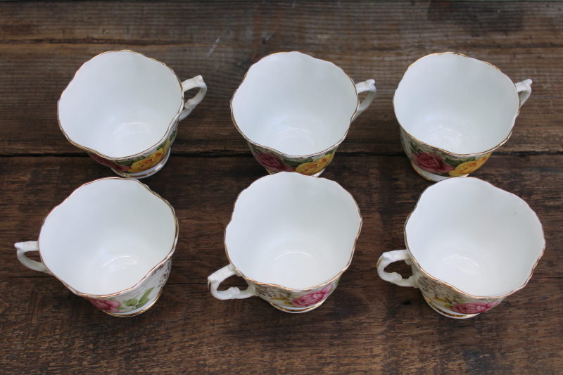 photo of set of 6 vintage Aynsley England bone china embossed tea cups, pink & yellow roses floral  #7