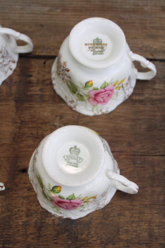 photo of set of 6 vintage Aynsley England bone china embossed tea cups, pink & yellow roses floral  #8