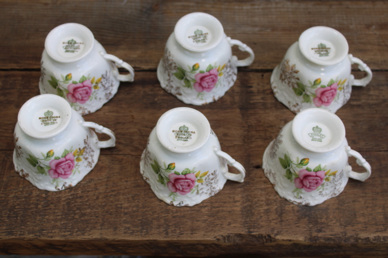 photo of set of 6 vintage Aynsley England bone china embossed tea cups, pink & yellow roses floral  #9