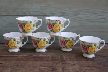 set of 6 vintage Aynsley England bone china embossed tea cups, pink & yellow roses floral 