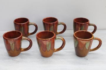 set of 6 vintage Dryden Arkansas pottery mugs, Ozark Frontier drip glaze ceramic