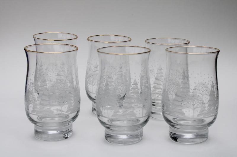 photo of set of 6 vintage Libbey Christmas glasses, winter white trees & snow #1