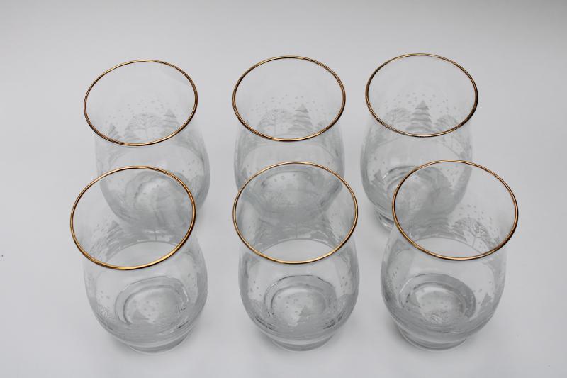 photo of set of 6 vintage Libbey Christmas glasses, winter white trees & snow #3