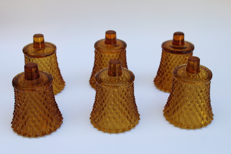 photo of set of 6 vintage amber glass diamond point peg candle holder cups for votive tea light candles  #2