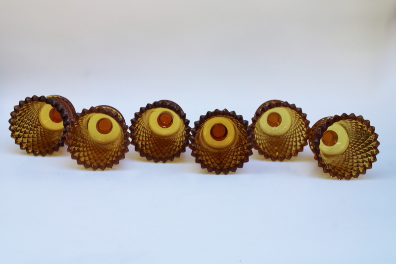 photo of set of 6 vintage amber glass diamond point peg candle holder cups for votive tea light candles  #4