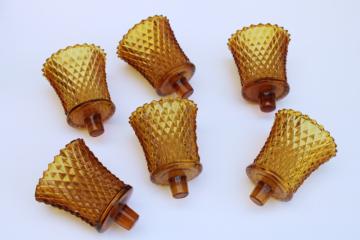 catalog photo of set of 6 vintage amber glass diamond point peg candle holder cups for votive tea light candles 