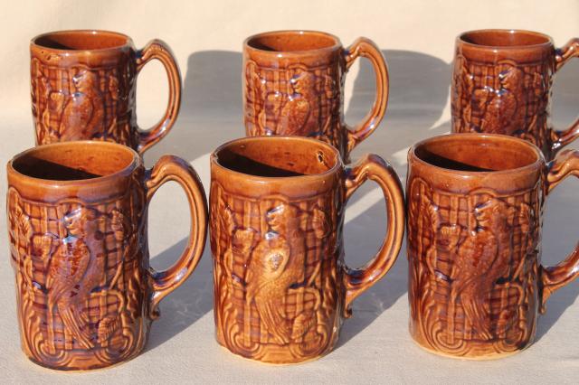 photo of set of 6 vintage stoneware pottery mugs, tall cups or beer steins w/ parrot birds #1