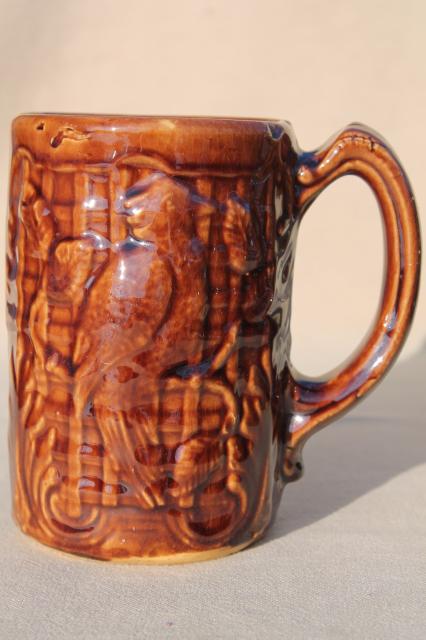 photo of set of 6 vintage stoneware pottery mugs, tall cups or beer steins w/ parrot birds #2