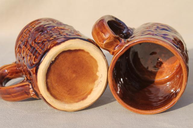 photo of set of 6 vintage stoneware pottery mugs, tall cups or beer steins w/ parrot birds #5