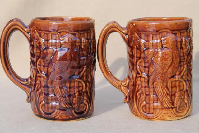 photo of set of 6 vintage stoneware pottery mugs, tall cups or beer steins w/ parrot birds #6