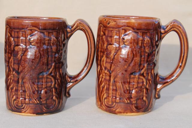 photo of set of 6 vintage stoneware pottery mugs, tall cups or beer steins w/ parrot birds #7