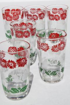 catalog photo of set of 6 vintage swanky swig juice glasses w/ red & white flowers, green leaves