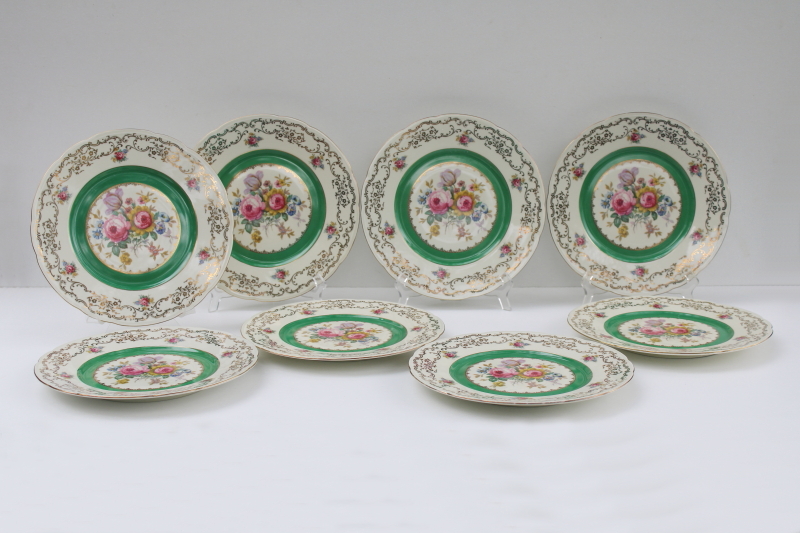 photo of set of 8 Czechoslovakia vintage china dinner plates w/ Dresden floral, green border #1