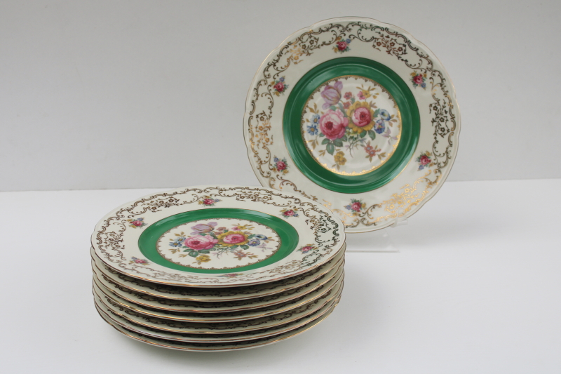 photo of set of 8 Czechoslovakia vintage china dinner plates w/ Dresden floral, green border #7