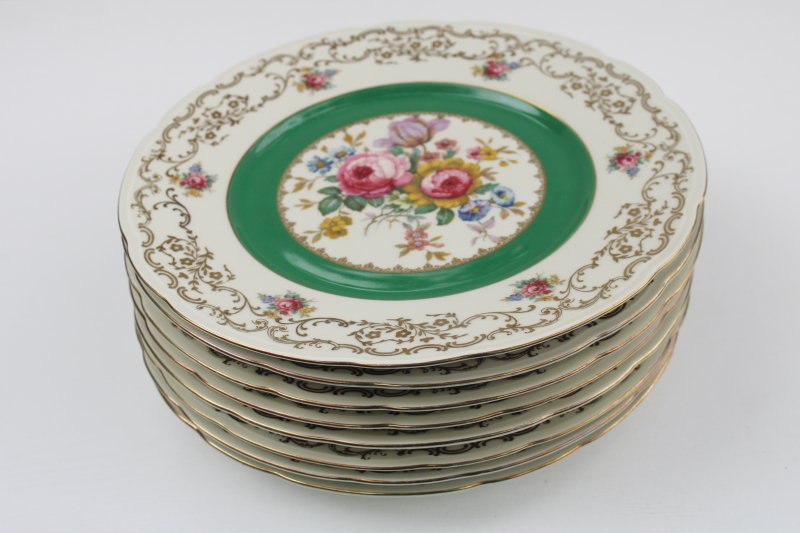 photo of set of 8 Czechoslovakia vintage china dinner plates w/ Dresden floral, green border #8