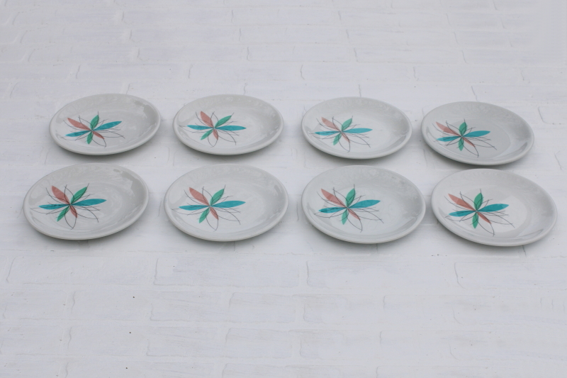 photo of set of 8 Shenango china atomic flower mod restaurant plates, MCM vintage aqua & mauve pink starburst #1