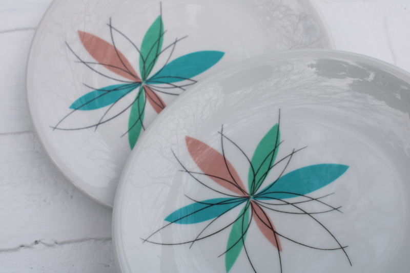 photo of set of 8 Shenango china atomic flower mod restaurant plates, MCM vintage aqua & mauve pink starburst  #2