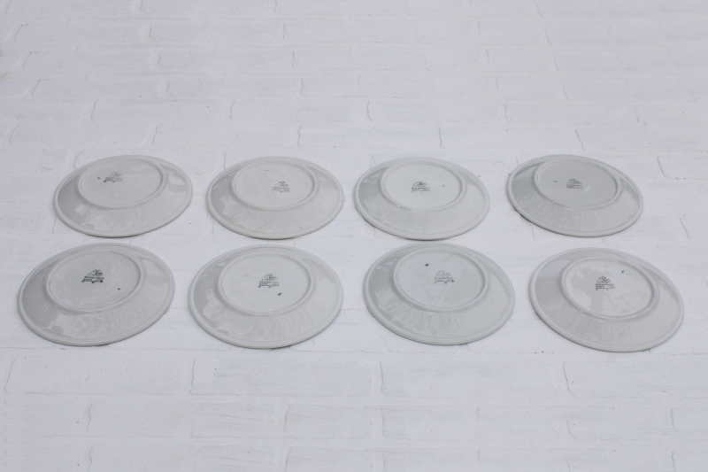 photo of set of 8 Shenango china atomic flower mod restaurant plates, MCM vintage aqua & mauve pink starburst  #5