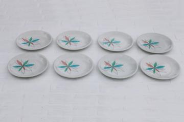 catalog photo of set of 8 Shenango china atomic flower mod restaurant plates, MCM vintage aqua & mauve pink starburst 
