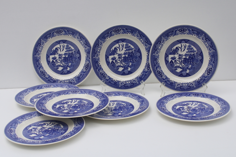 photo of set of 8 USA Royal china blue willow pattern dinner plates, vintage transferware  #1