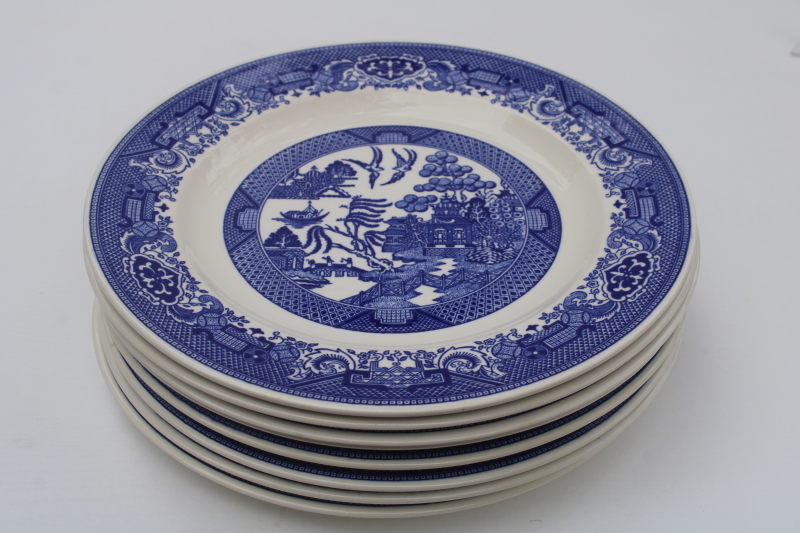 photo of set of 8 USA Royal china blue willow pattern dinner plates, vintage transferware  #2