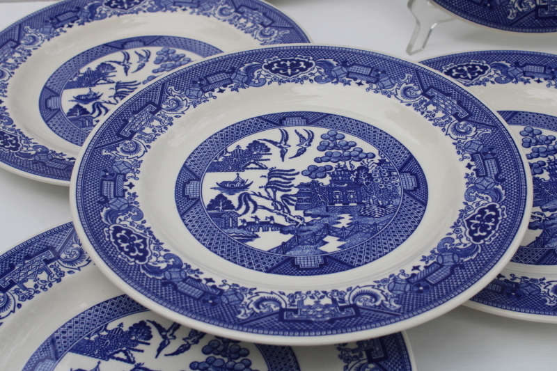 photo of set of 8 USA Royal china blue willow pattern dinner plates, vintage transferware  #3