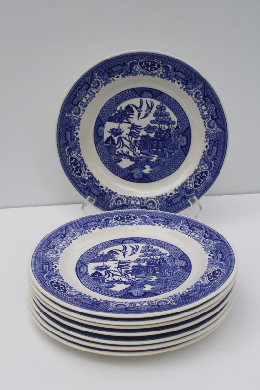 photo of set of 8 USA Royal china blue willow pattern dinner plates, vintage transferware  #10