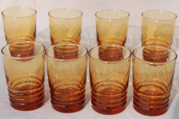 catalog photo of set of 8 amber glass drinking glasses, retro tumblers / bar glasses 60s vintage