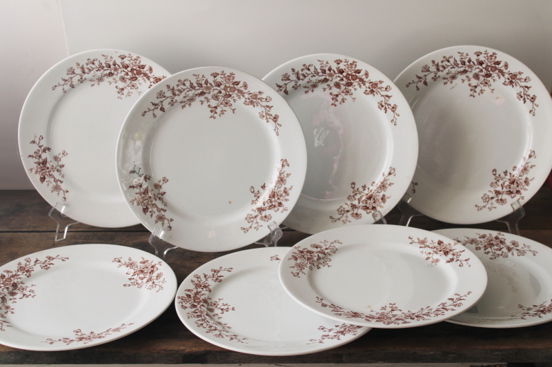 photo of set of 8 antique heavy white ironstone china plates, brown floral transferware #1