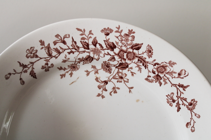 photo of set of 8 antique heavy white ironstone china plates, brown floral transferware #5