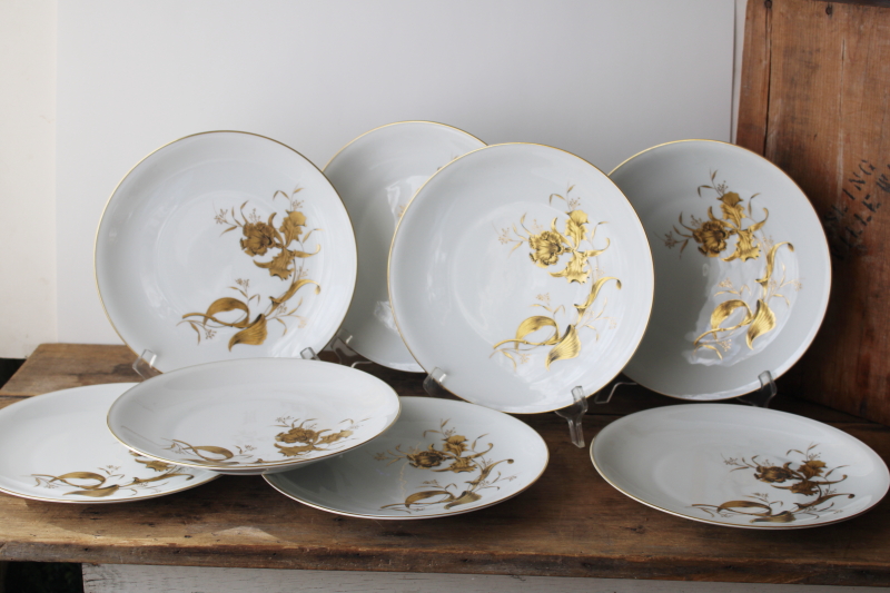 photo of set of 8 art deco vintage dinner plates, white porcelain w/ heavy encrusted gold iris pattern  #1