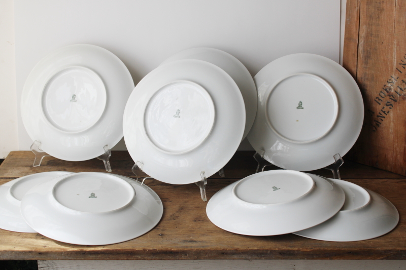 photo of set of 8 art deco vintage dinner plates, white porcelain w/ heavy encrusted gold iris pattern  #2