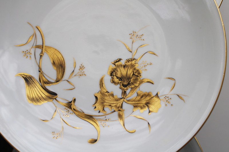 photo of set of 8 art deco vintage dinner plates, white porcelain w/ heavy encrusted gold iris pattern  #4