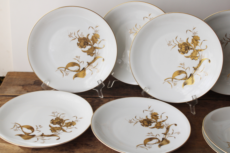 photo of set of 8 art deco vintage dinner plates, white porcelain w/ heavy encrusted gold iris pattern  #9