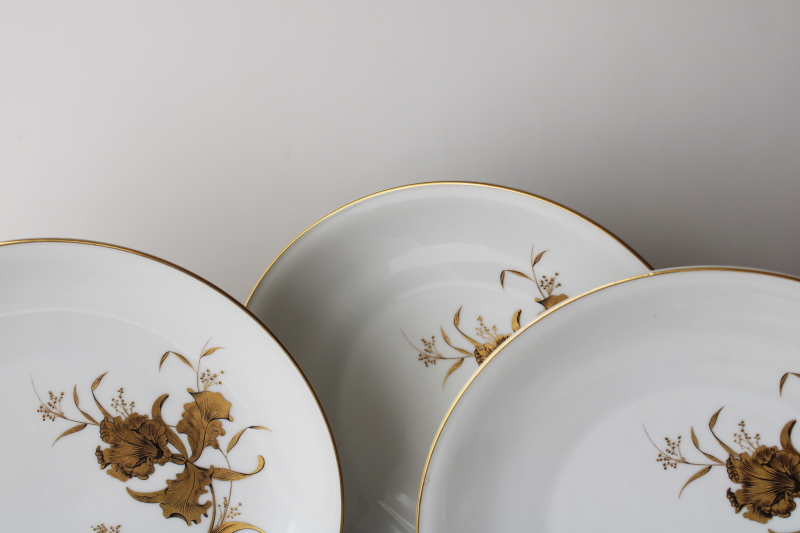 photo of set of 8 art deco vintage dinner plates, white porcelain w/ heavy encrusted gold iris pattern  #10