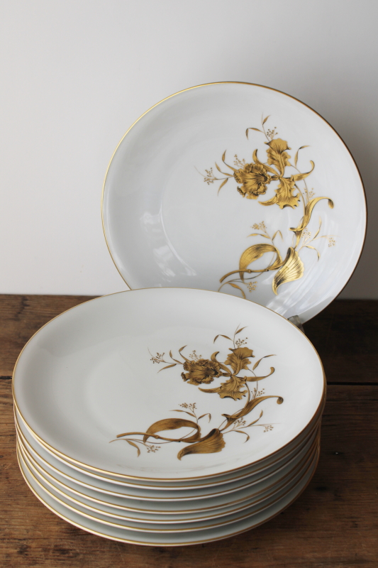 photo of set of 8 art deco vintage dinner plates, white porcelain w/ heavy encrusted gold iris pattern  #11