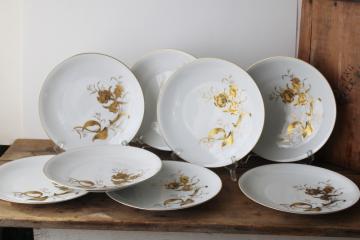 catalog photo of set of 8 art deco vintage dinner plates, white porcelain w/ heavy encrusted gold iris pattern 