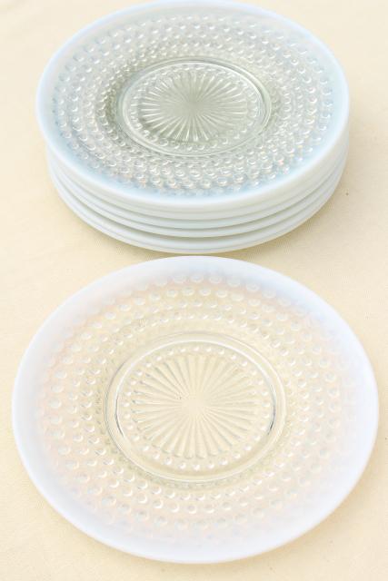 photo of set of 8 moonstone opalescent glass salad / dessert plates, vintage Anchor Hocking #3