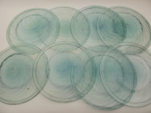 photo of set of 8 pale bottle green glass plates, vintage hand-blown Mexican glass #5