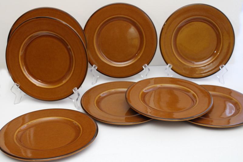 photo of set of 8 vintage French country pottery plates, copper brown faience Varages France #1