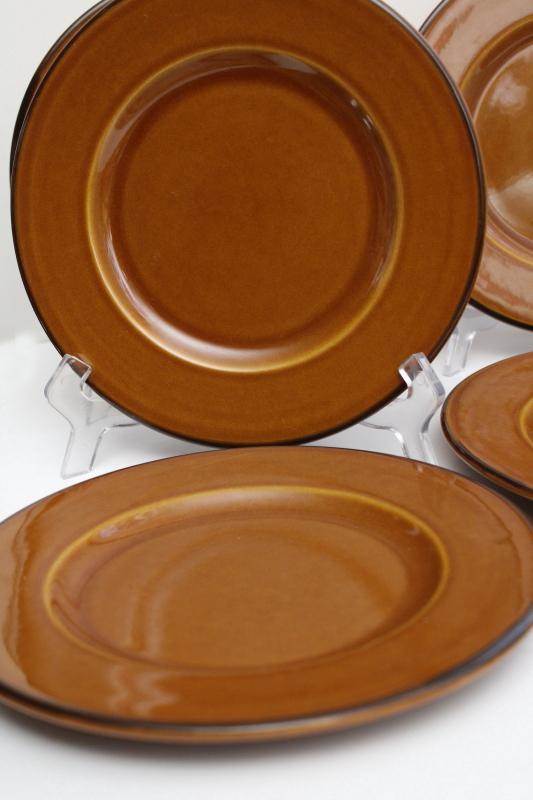 photo of set of 8 vintage French country pottery plates, copper brown faience Varages France #4