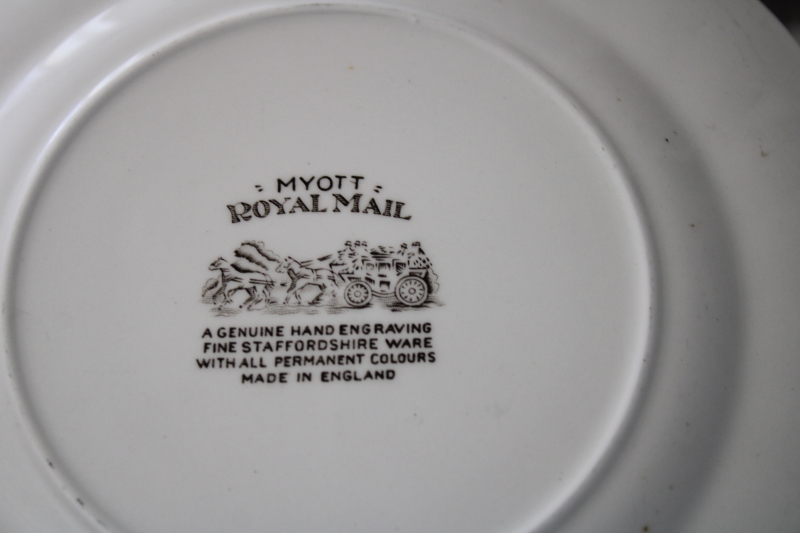 photo of set of 8 vintage Myott England Royal Mail brown transferware white china salad plates #2