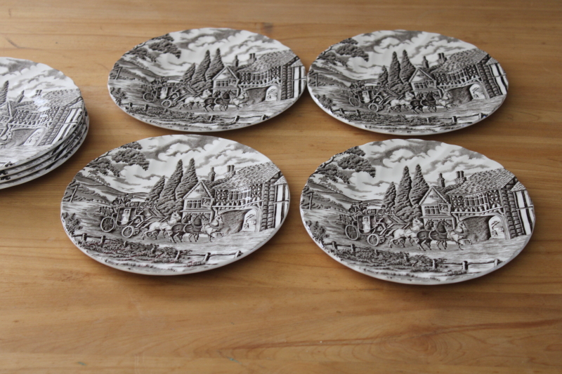 photo of set of 8 vintage Myott England Royal Mail brown transferware white china salad plates #3