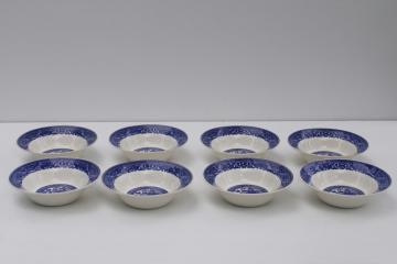 catalog photo of set of 8 vintage Royal china blue willow soup or cereal bowls, never used excellent condition 