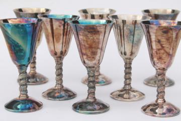 catalog photo of set of 8 vintage Spanish silver wine goblets, stemmed glasses made in Spain