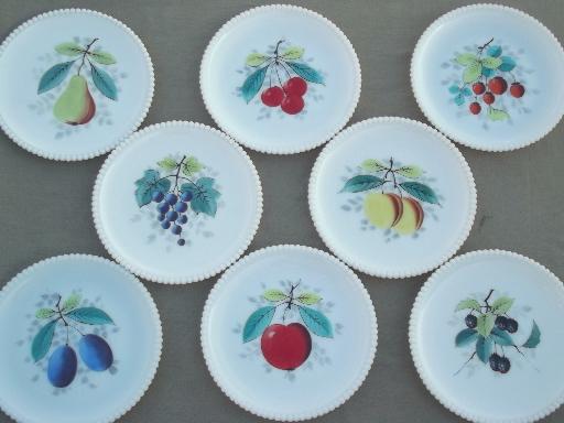 photo of set of 8 vintage Westmoreland milk glass plates w/ hand painted fruit #1