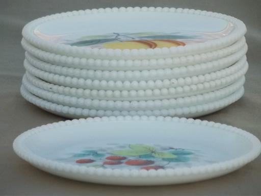 photo of set of 8 vintage Westmoreland milk glass plates w/ hand painted fruit #2